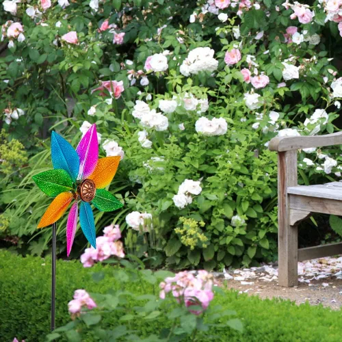 Vista 3 de DREAMYSOUL Molinillos de viento coloridos de 38 pulgadas, molinillos de metal para jardín y jardín, molinillos de viento decorativos para patio al