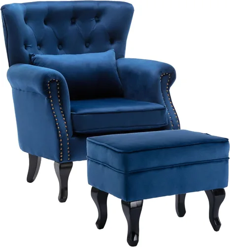 Vista 40 de Juego de 2 sillas decorativas modernas de mediados de siglo, sillón de tela de lino con respaldo acolchado/patas de madera, sillón de descanso