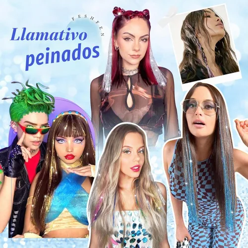 Vista 6 de FESHFEN Juego de 12 extensiones de cabello con clip, color negro, con clip, con purpurina, kit de accesorios coloridos para mujeres, de 20 pulgadas