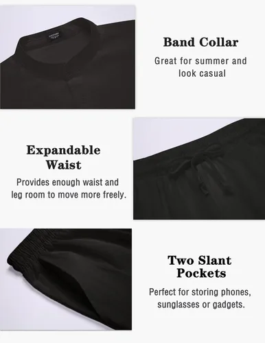 Vista 5 de COOFANDY Conjuntos de lino para hombre, 2 piezas, camisa de manga larga y pantalones cortos casuales con cordón en la cintura, trajes de verano