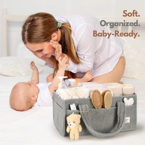 Vista 5 de PeraBella Organizador de pañales para bebé con asa, cesta de regalo de ducha para niños y niñas, cesta de almacenamiento de pañales portátil