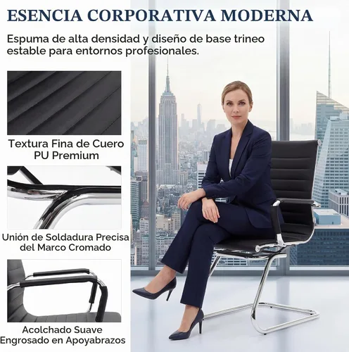 Vista 4 de Juego de 2 sillas de sala de conferencias, sillas de sala de espera con brazos, sillas de recepción de piel sintética sin ruedas, sillas de Negro