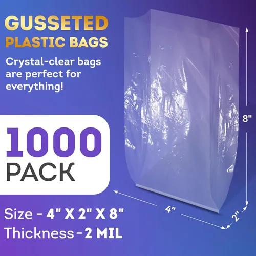 Vista 2 de APQ Supply Bolsas de polietileno transparentes con refuerzo, 4 x 2 x 8 pulgadas. Paquete de 1000 bolsas de plástico con refuerzo lateral con parte