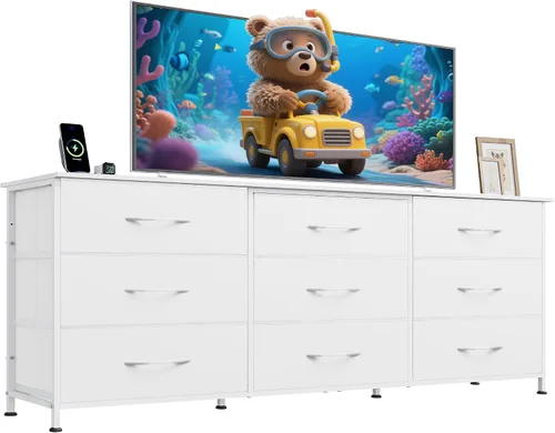 Vista 27 de WLIVE Soporte de TV para TV de 55 pulgadas, cómoda de 9 cajones para A-Rosa