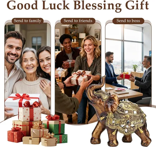 Vista 7 de Buachois Estatua de elefante de la suerte, símbolo de suerte y prosperidad, acento dorado antiguo de resina, figura de elefantes Feng Shui, adornos