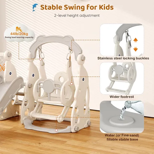 Vista 3 de Tobogán para Niños Pequeños, Conjunto de Juegos 4 en 1 para Niños Pequeños - Actualizado con Tobogán para Niños, Columpio, Aro de Baloncesto