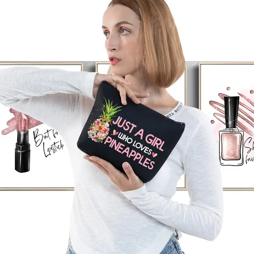 Vista 3 de LEVLO Bolsa de cosméticos divertida de piña, regalo para amantes de la fruta, piñas, cremallera, bolsa de piñas, regalo para amantes de las piñas