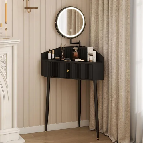 Vista 10 de ARTETHYS Escritorio pequeño con espejo y luces, tocador de maquillaje compacto blanco con silla, moderno tocador que ahorra espacio con cajón