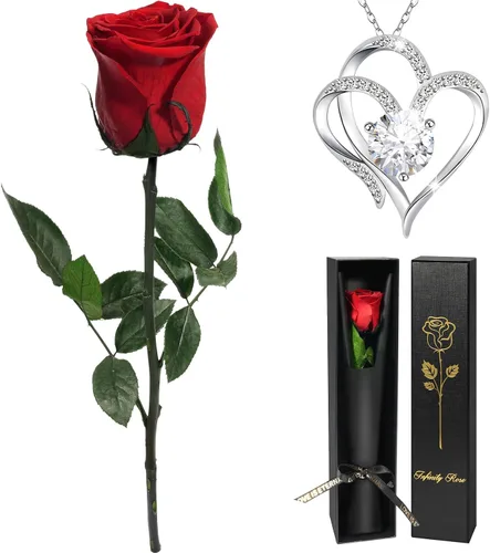 Vista 9 de Yamonic Regalos de rosas de cumpleaños para mujer, rosa real eterna con collar de corazón, regalos para mamá abuela, flores preservadas con tallo