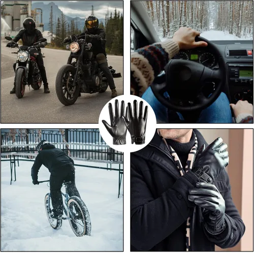 Vista 6 de Long Keeper Guantes de cuero de invierno para hombre, color negro, cálido, ciclismo, conducción, motocicleta, pantalla táctil, guantes de mensajes