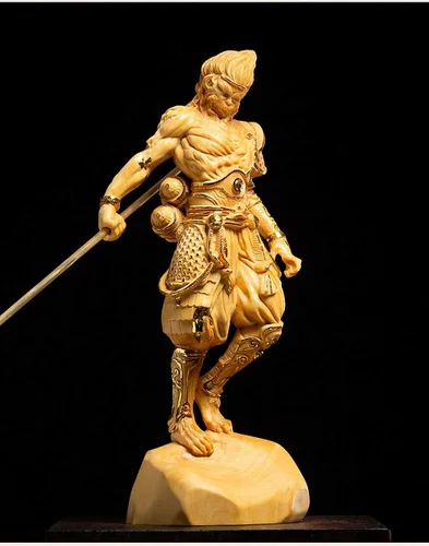 Vista 2 de Estatua de rey mono Wukong tallada en madera de boj natural (chapado en oro)