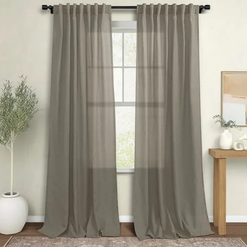 Vista 32 de Cortinas rústicas color beige tostado de 42 x 84 pulgadas de largo para sala de estar, juego de 2 paneles transparentes de lino natural, imitación