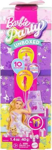 Vista 7 de Muñeca y Accesorios Barbie Party Unboxed, Serie de Cumpleaños de Mascotas Conjunto de Lazos de Cumpleaños con 10 Sorpresas Incluyendo Cambio