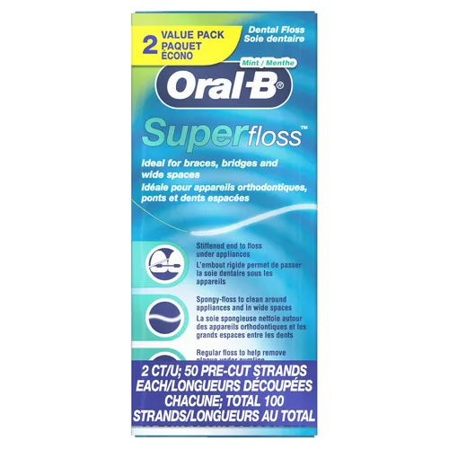 Vista 2 de Oral-B Hilo dental para brackets, Super Floss hebras precortadas, menta, 50 unidades, paquete de 2