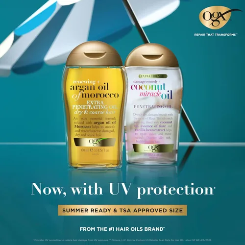 Vista 5 de OGX Renewing + Aceite de Argán de Marruecos para el Cabello, tratamiento de suero penetrante extra fuerte para cabello seco, dañado, encrespado