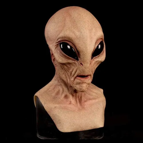 Vista 6 de Área 51 Máscara de látex de alienígena aterradora ovni para Halloween, terror, divertido casco de ojos grandes, fiesta terrestre, ET, de goma