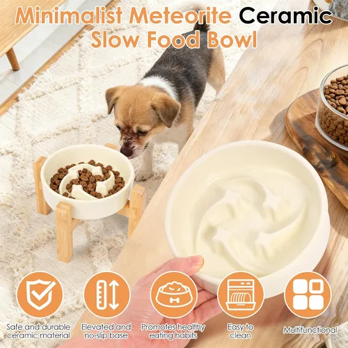 Vista 6 de Cuenco de cerámica para perros de raza pequeña, cuenco de alimentación lenta para perros con soporte de bambú, diseño de laberinto de rompecabezas