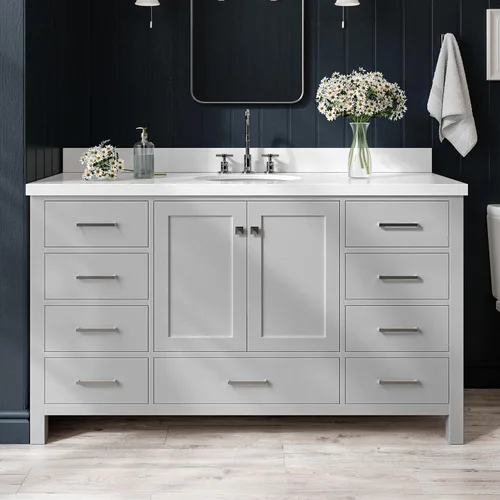 Vista 23 de ARIEL Cambridge tocador de baño con fregadero, madera maciza, encimera y protector contra salpicaduras de cuarzo blanco puro de 1.5 pulgadas