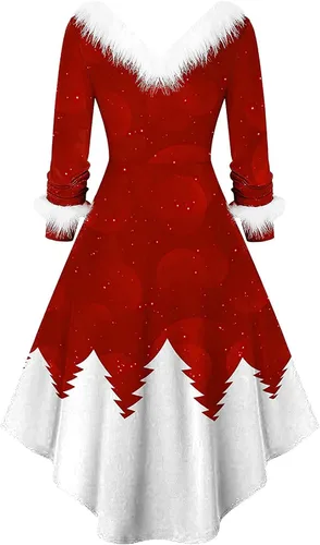Vista 3 de TWGONE Vestido de Navidad para mujer, cuello en V, felpa, cuello en V, caricatura, festival, cóctel, vacaciones, fiesta, vestido acampanado
