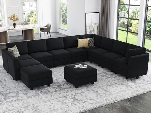 Vista 13 de Belffin Sofá modular modular con asiento de almacenamiento, sofá en forma de U de gran tamaño, sofá modular de terciopelo con terciopelo otomano