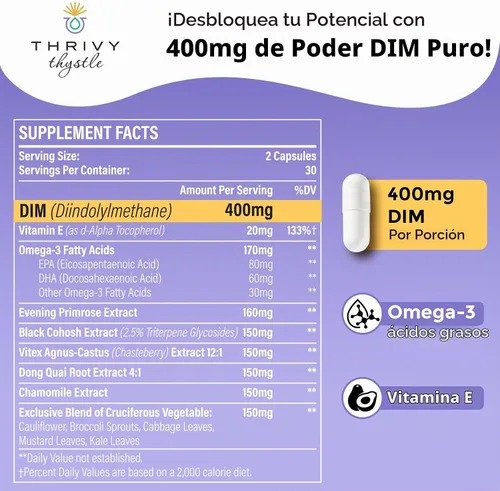 Vista 2 de DIM liposomal 400 mg - Equilibrio hormonal, apoyo de estrógeno para mujeres, suplemento DIM con vitamina E, onagra, cohosh negro, ácidos grasos