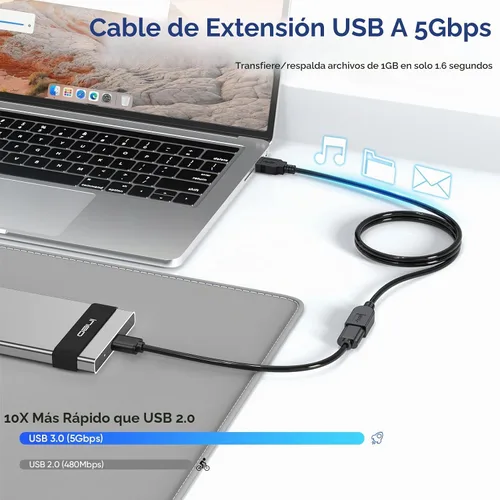 Vista 2 de Paquete de 2 cables de extensión USB 3.0, cable extensor USB 3.0 de transferencia de datos de 5 Gbps y carga rápida de 18 W, cables tipo A macho a