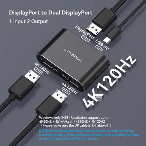 Vista 5 de Divisor DisplayPort a Dual Displayport 4K120Hz DP a DP dual para monitores duales compatible con pantalla espejada/extendida solo para Windows