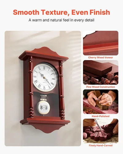 Vista 3 de VEVOR Reloj de pared vintage de abuelo, reloj de pared de madera de pino de 18 pulgadas con péndulo, relojes de pared de MDF con movimiento