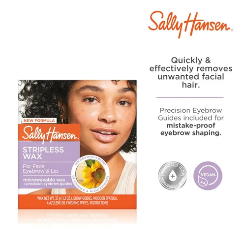 Vista 3 de Sally Hansen Kit de cera sin tirantes para cara, cejas y labios Cera Mircrowavable, kit de depilación en casa, rápido y fácil