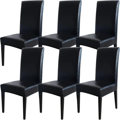 Vista 9 de Qubjus Fundas para sillas de comedor, de piel sintética sólida, impermeable, a prueba de aceite, elásticas, fundas protectoras para sillas de Negro