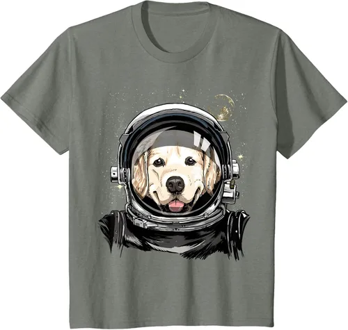 Vista 110 de Camiseta para amantes de los perros de los astronautas del espacio exterior Golden Retriever Lover, Negro