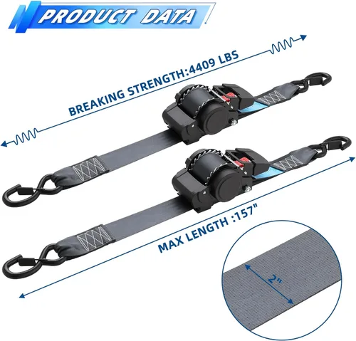 Vista 2 de ANLULOAD Paquete de 2 correas de trinquete retráctiles (2 pulgadas x 14.7 pies), correas de carga para maletero, motocicletas de garaje, ATV