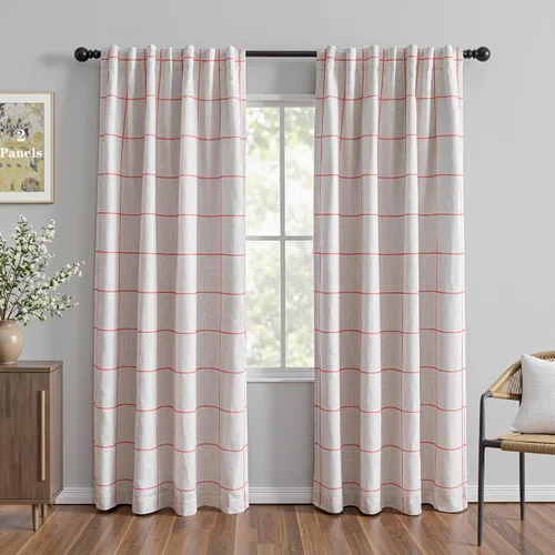 Vista 37 de MYSKY HOME Cortinas de Lino a Cuadros 100% Opacas de 45 Pulgadas de Largo de Doble Capa Estilo Granja con Aislamiento Térmico Estampado a Cuadros