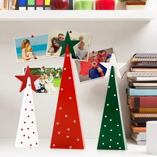 Vista 7 de Decoraciones de Navidad para interiores, decoración de Navidad - 3 piezas de señales de árbol de Navidad de madera con estrellas para el hogar