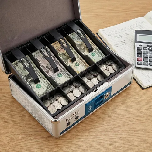 Vista 2 de STOBOK Caja de efectivo portátil con doble bloqueo de aluminio, caja de almacenamiento de dinero de 13.22 x 10.82 x 4.33 pulgadas, bandeja