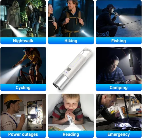 Vista 7 de Pequeña linterna LED recargable, luz de mano ultraligera de 500 lm con luz lateral COB, zoomable, 4 modos, USB-C, perfecta para campamento, corte