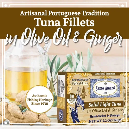 Vista 6 de Santo Amaro - Filetes de atún salvaje artesanal en aceite de oliva y jengibre, atún salvaje capturado con polo y línea de Portugal, atún enlatado