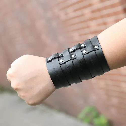 Vista 3 de HZMAN Brazalete ancho de cuero para hombre con correa triple y hebilla de cierre de armadura para brazo, 4 filas