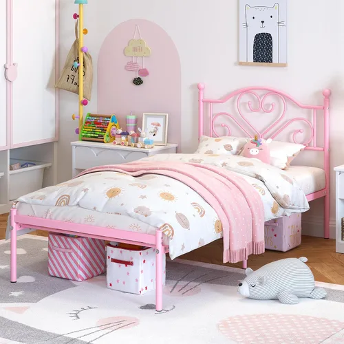 Vista 3 de Weehom Base de cama individual con cabecero, plataforma de metal resistente debajo de la cama, espacio de almacenamiento fácil de montar para niños