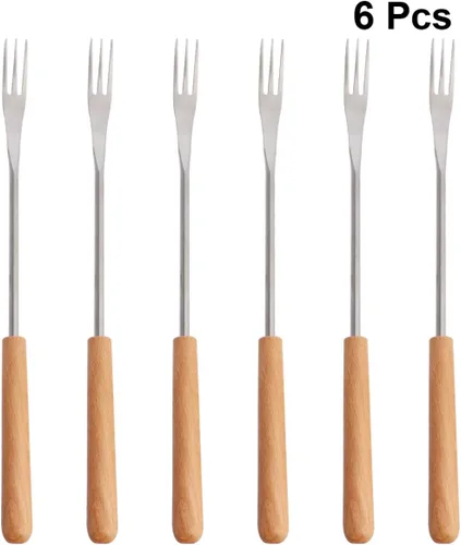 Vista 5 de DOITOOL 6 tenedores para fondue de acero inoxidable con mango de madera, diseño aislante térmico para postres de frutas, olla caliente, barbacoa al