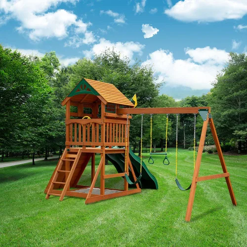 Vista 3 de Gorilla Playsets 01-1087 Avalon - Juego de columpios de madera con techo de madera, dos toboganes, pared de escalada, escalera y columpios, cedro