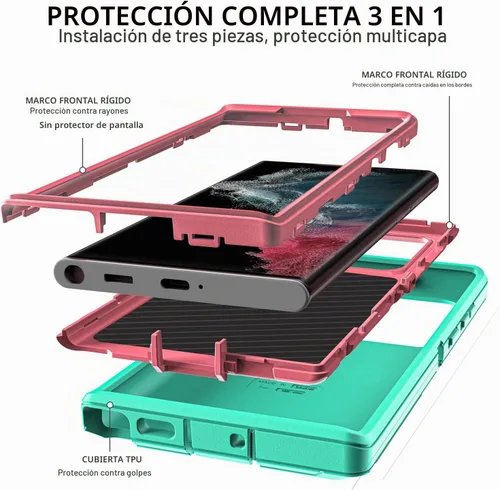 Vista 4 de Funda para Samsung Galaxy S22 Ultra con protector de pantalla de TPU flexible autorreparable [2 unidades], funda 3 en 1 a prueba de golpes Azul