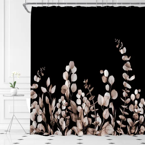 Vista 11 de Cortina de ducha floral negra elegante tulipán negro blanco y negro, diseño moderno de impresión artística única, juego de decoración de baño