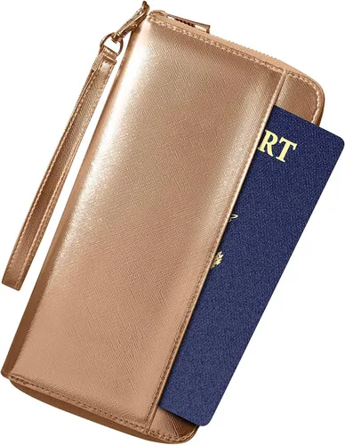 Vista 4 de Cartera de viaje organizador de documentos RFID pasaporte caso titular de la familia (oro rosa)