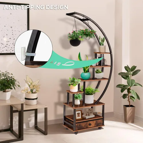 Vista 2 de Soporte para plantas de interior de media luna de 7 niveles con ruedas con bloqueo, estante para plantas de 71 pulgadas de alto con cajón