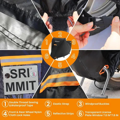 Vista 3 de Funda para motocicleta resistente, cubierta de motocicleta 420D, sol, protección impermeable al aire libre, con ventana de matrícula, 4 tiras