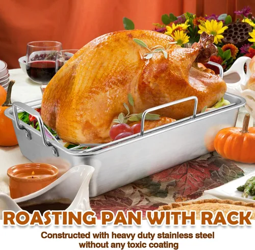 Vista 3 de Sartén para asar con estante para pavo y pollo, sartén para asar de acero inoxidable Joyfair y estante en V para horno tostador, utensilio de horneo