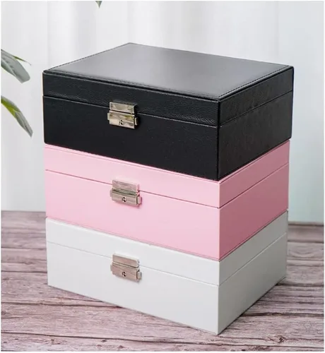 Vista 2 de H-RONG Joyero para mujeres y niñas, de cuero, con 2 capas, organizador grande de joyas con candado, caja de almacenamiento para collares, aretes
