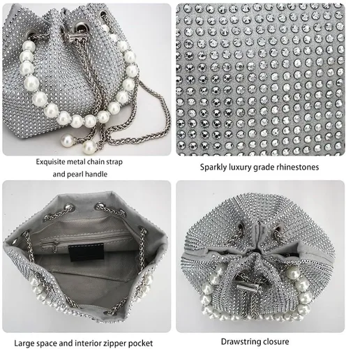 Vista 4 de Bolso de mano con diamantes de imitación plateados, brillante y delicado, bolso de noche de diamantes de imitación plateado de lujo, ligero