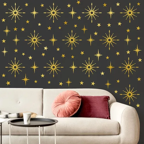 Vista 8 de Calcomanías de pared con estrella dorada, diseño retro de explosión de estrellas, calcomanías para dormitorio, sala de estar, decoración de techo